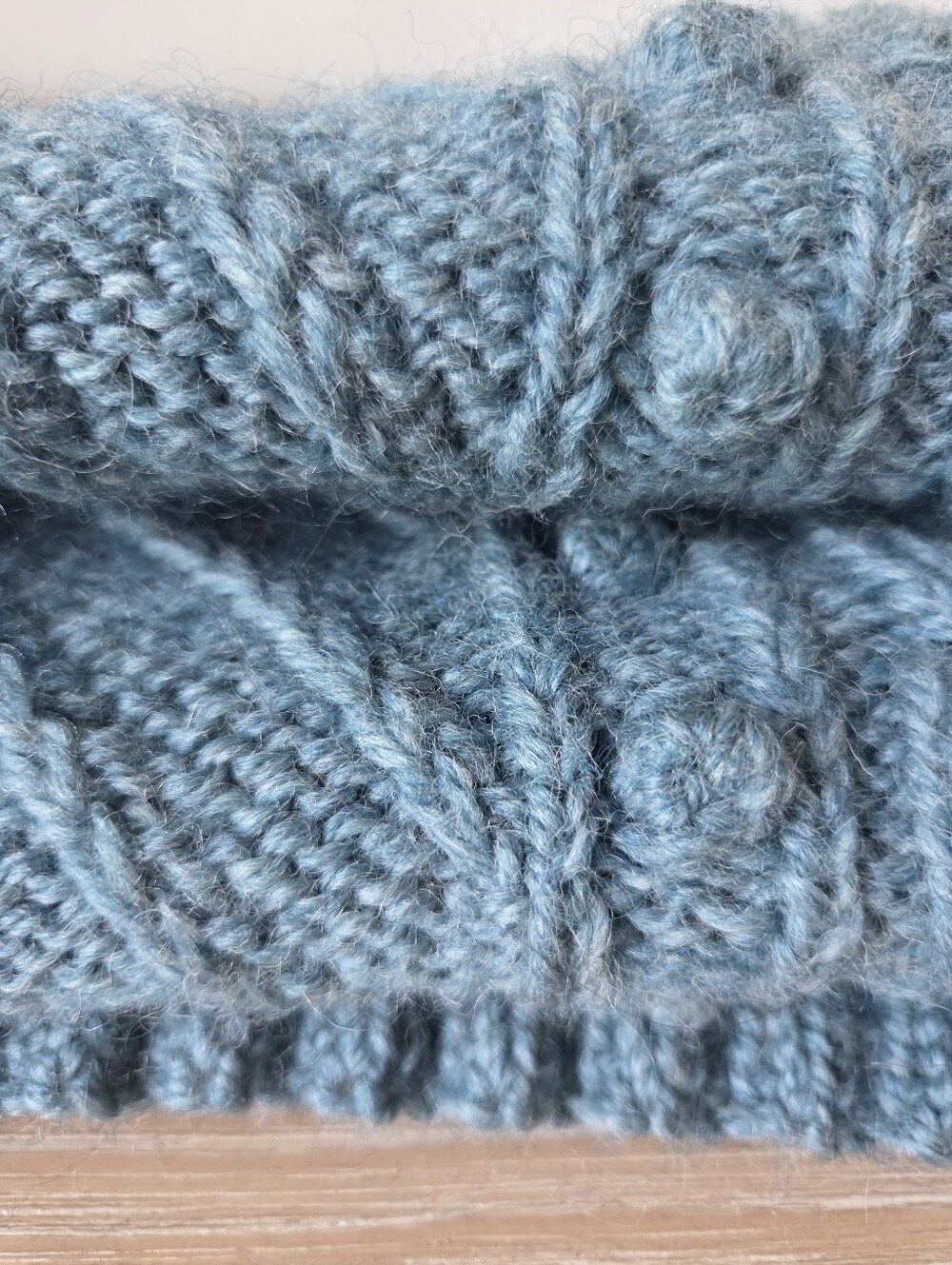 Hand Knit Blue Chunky Wool Sweater Cable Bobble Crop Mock Neck Womens Small - Picture 4 of 6